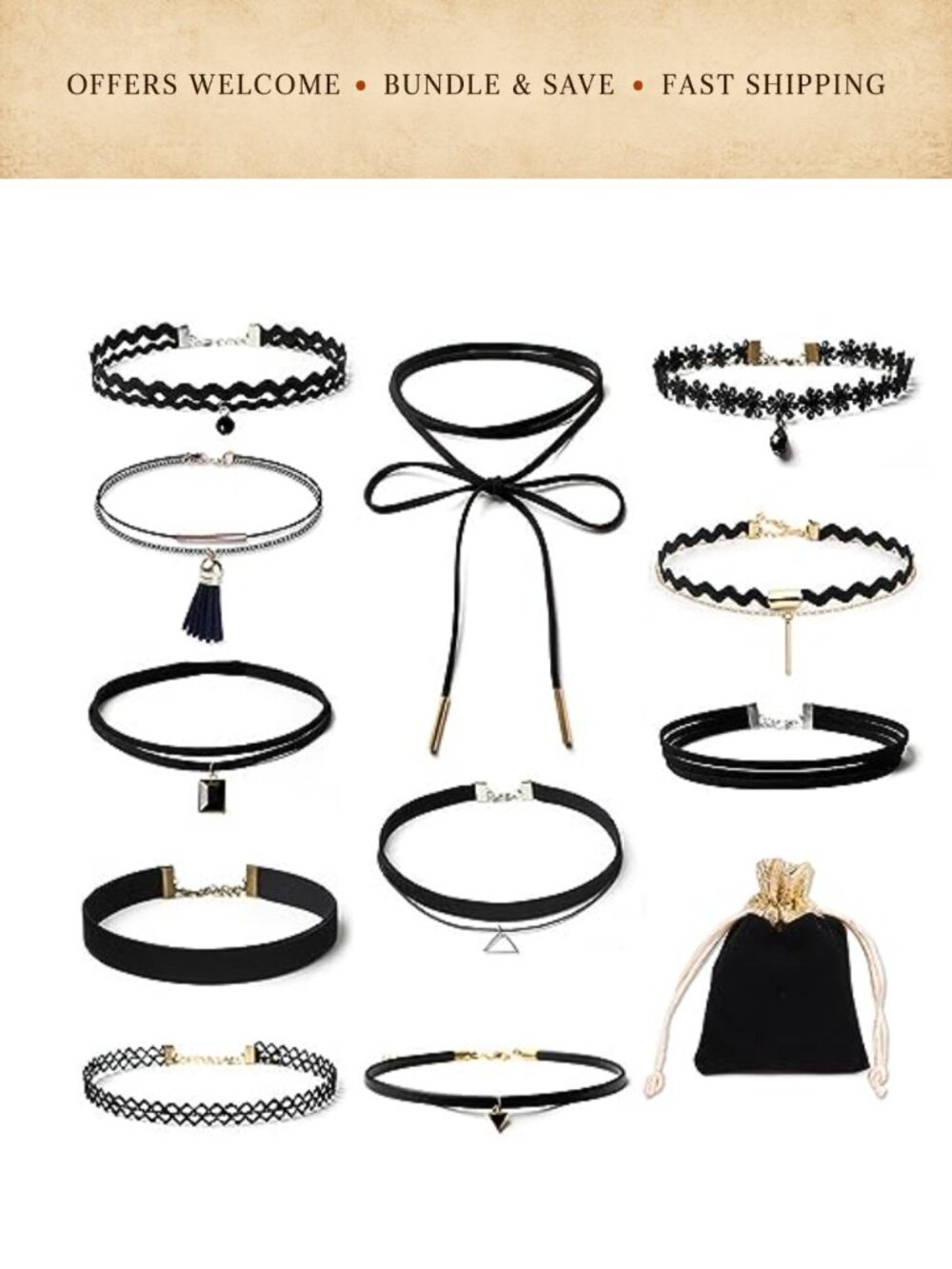 Velvet Lace Choker Necklace Set 11 Piece Adjustable Lobster Clasp Vintage Retro